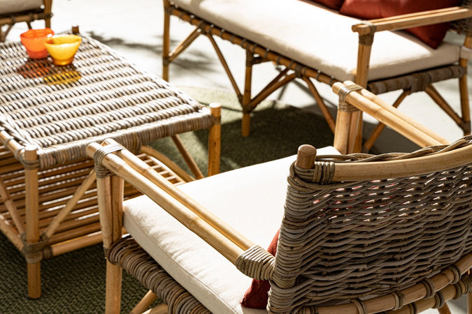 Poltrona "Tarifa" con cuscini, struttura in rattan, intreccio in kubu, per esterno