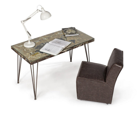 Scrivania "Atlantide" struttura in acciaio anticato, stile industriale, 130 x 65 x 75 cm