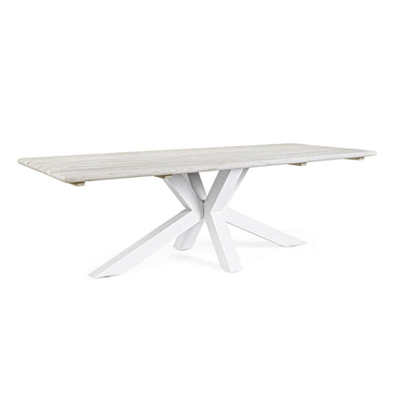 Tavolo rettangolare "Reynald" Bianco con piano in legno teak, gambe in alluminio, per esterno