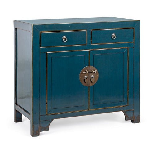 Credenza Jinan, struttura in legno di olmo riciclato, con finitura lucida, maniglie in rame