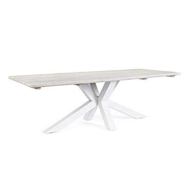 Tavolo rettangolare Reynald Bianco con piano in legno teak, gambe in alluminio, per esterno