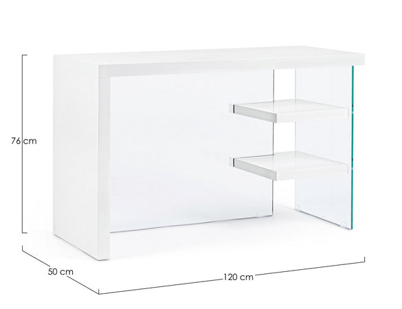 Scrivania "Line" Wood con 2 mensole, piano in mdf, lato in vetro temperato, 120 x 50 cm