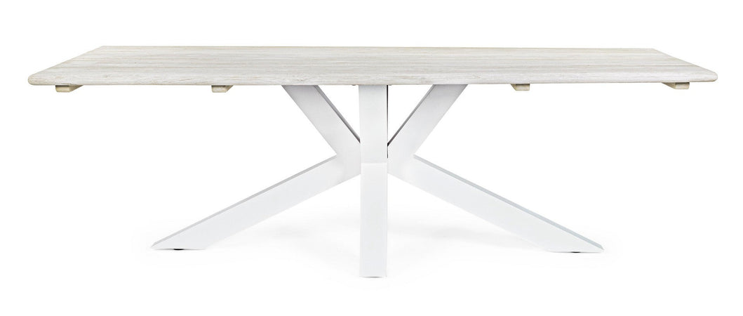 Tavolo rettangolare "Reynald" Bianco con piano in legno teak, gambe in alluminio, per esterno