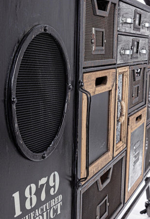 Credenza "Liverpool" con struttura e cassetti in acciaio, stile industriale