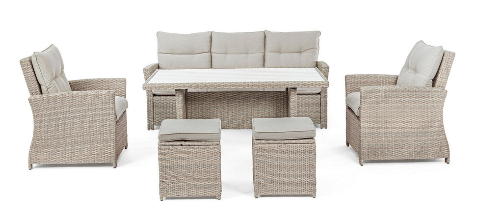 Salotto "Ariel" con poltrone, divanetto, pouf e tavolino, struttura in alluminio, per esterno