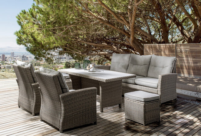 Salotto "Ariel" con poltrone, divanetto, pouf e tavolino, struttura in alluminio, per esterno