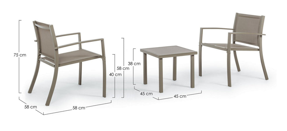 Salottino "Auri" con sedie e tavolino, per esterno, struttura in acciaio, piano in vetro