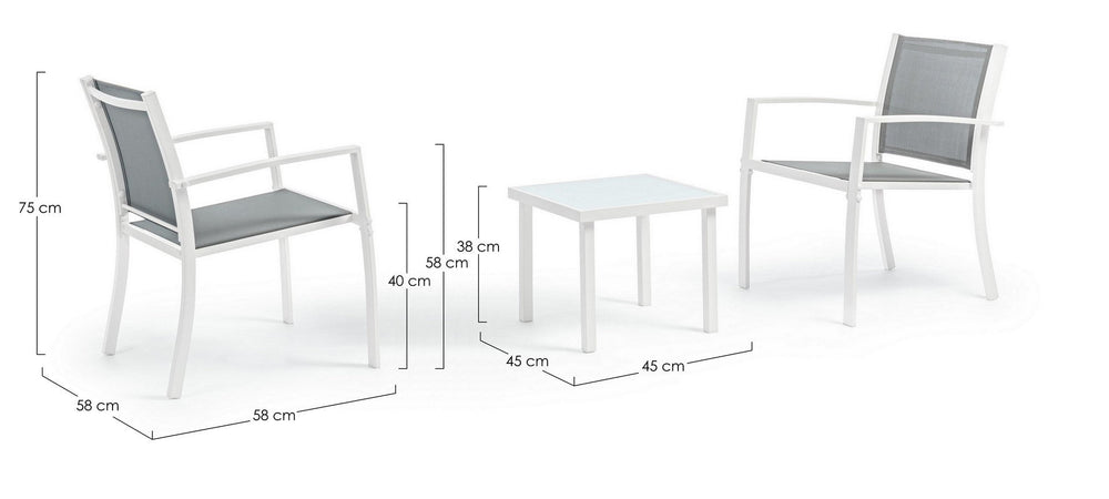 Salottino "Auri" con sedie e tavolino, per esterno, struttura in acciaio, piano in vetro