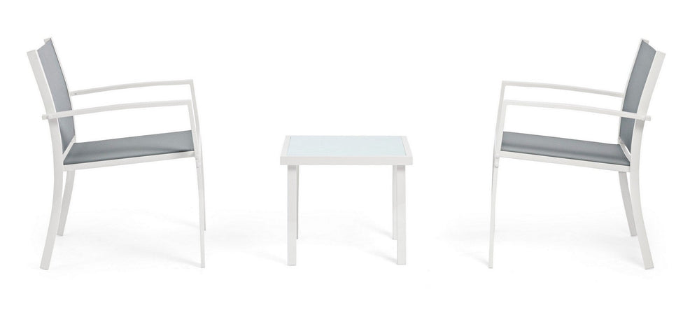 Salottino "Auri" con sedie e tavolino, per esterno, struttura in acciaio, piano in vetro