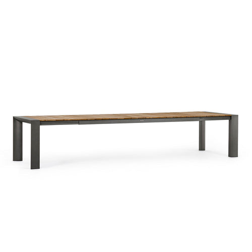 Tavolo allungabile Cameron con struttura in alluminio, piano in teak, stile moderno