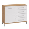 Credenza Stockholm, con 1 anta e 4 cassetti, color rovere antico e bianco, con struttura in truciolare rivestito, mobile in kit