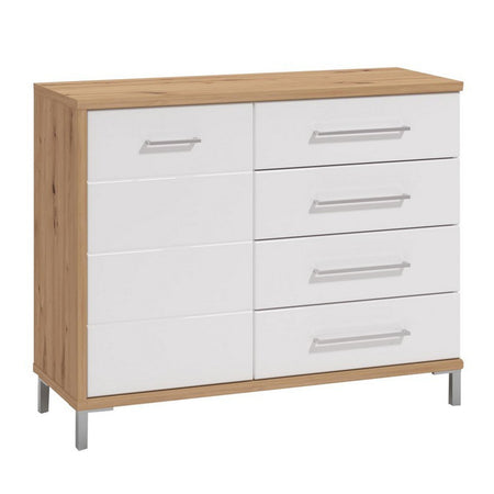 Credenza "Stockholm", con 1 anta e 4 cassetti, color rovere antico e bianco, con struttura in truciolare rivestito, mobile in kit