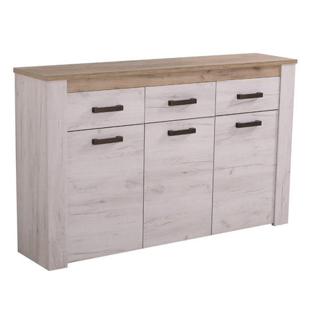 Credenza "Denmark", con 3 ante e 3 cassetti, color rovere sbiancato, con struttura in truciolare rivestito, mobile in kit