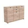 Credenza Swiss, con 3 ante e 2 cassetti, color rovere, con struttura in truciolare rivestito, mobile in kit