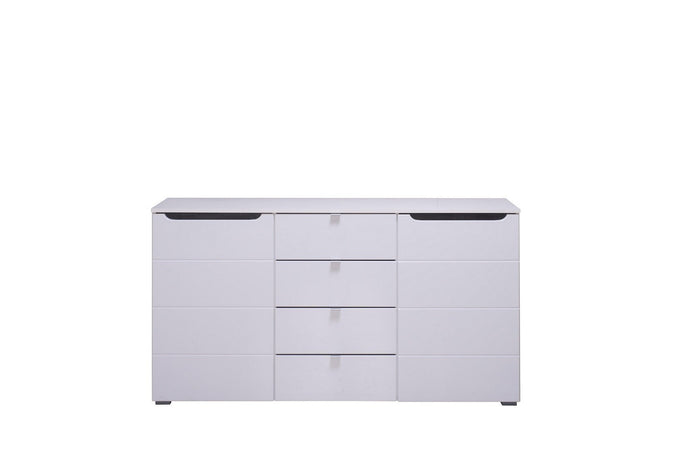 Credenza "Zurich", con 2 ante e 4 cassetti, color bianco opaco, con struttura in truciolare rivestito, mobile in kit