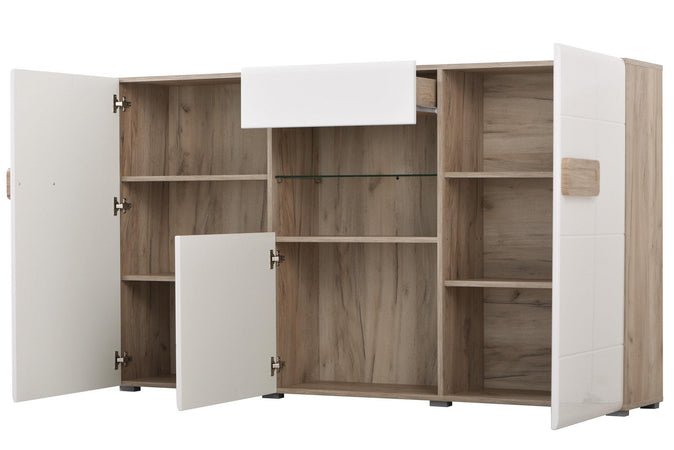 Credenza "Italy", color bianco lucido-rovere, con struttura in truciolare rivestito, mobile in kit