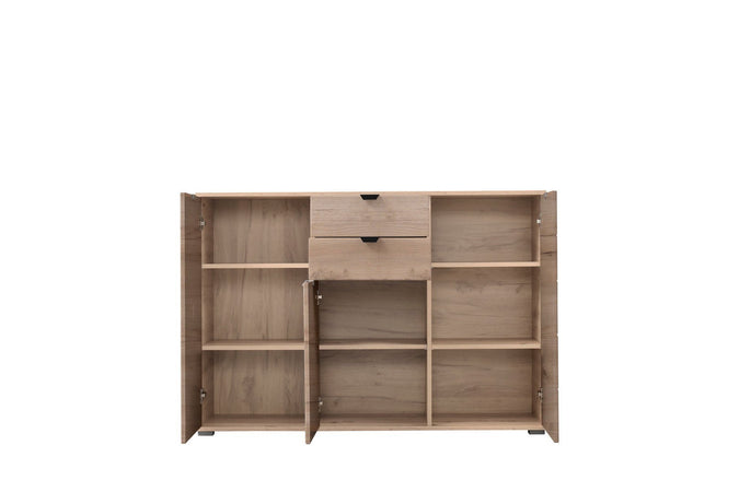 Credenza "Swiss", con 3 ante e 2 cassetti, color rovere, con struttura in truciolare rivestito, mobile in kit