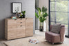 Credenza Swiss, con 3 ante e 2 cassetti, color rovere, con struttura in truciolare rivestito, mobile in kit