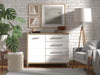 Credenza Stockholm, con 1 anta e 4 cassetti, color rovere antico e bianco, con struttura in truciolare rivestito, mobile in kit