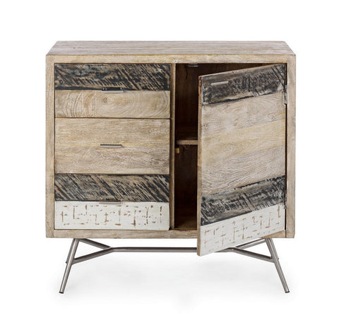 Credenza "Leiston" 1 anta e 3 cassetti, con struttura in legno di mango, stile industriale