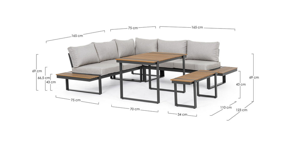 Salottino angolare "Sven" antracite, struttura in alluminio, cuscini sfoderabili in tessuto