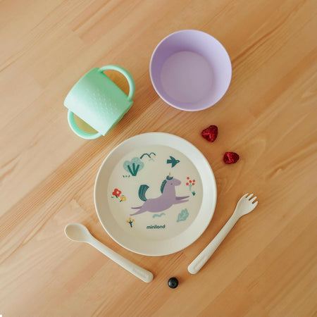 MINILAND Learning tableware Dream - set pappa educativo - bicchiere con manici, piatto piano, ciotola piatto fondo, posate - unicorno