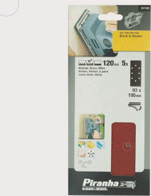 BLACK&DECKER---PIRANHA---5-FOGLI-ABRASIVI-RETTANGOLARI-93x190MM-PER-LEVIGATRICE-ORBITALE---CON-FELTRO---GRANA-120