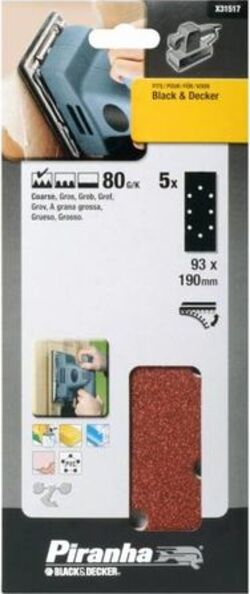 BLACK&DECKER-PIRANHA-5-FOGLI-ABRASIVI-FORATI-PER-LEVIGATRICI-ORBITALI-mm-93x190-GRANA-80-X31517-XJ