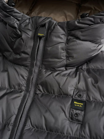 Blauer piumino uomo Acton trapuntato grigio con cappuccio fisso dettaglio