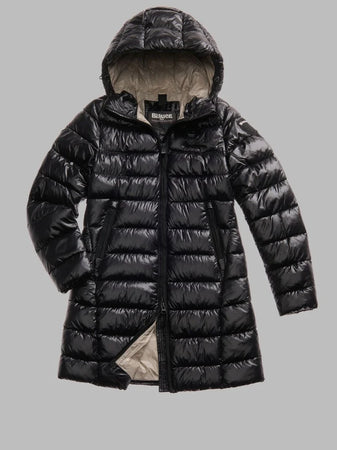Blauer giubbino donna Adelaide lungo in nylon micro rip nero con cappuccio fisso e imbottitura ecologica Sorona® Aura fronte