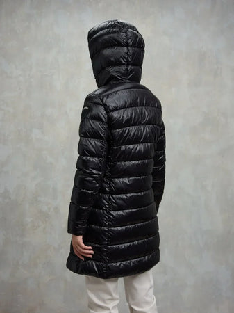 Blauer giubbino donna Adelaide lungo in nylon micro rip nero con cappuccio fisso e imbottitura ecologica Sorona® Aura lato