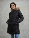 Blauer giubbino donna lungo Althea in nylon trapuntato geometrico nero con cappuccio e pelliccia removibile