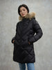 Blauer giubbino donna lungo Althea in nylon trapuntato geometrico nero con cappuccio e pelliccia removibile