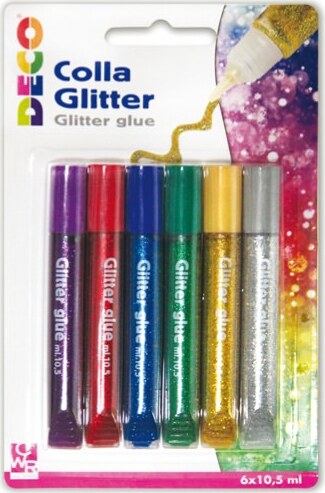 Blister colla glitter - 10 5 ml - colori assortiti metal - Deco - conf. 6 pezzi Casa e cucina/Hobby creativi/Materiali per hobby creativi/Glitter Eurocartuccia - Pavullo, Commerciovirtuoso.it