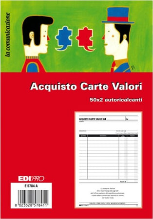 Blocco acquisto valori bollati - 50-50 fogli autoricalcanti - 23 x 15cm - Edipro Cancelleria e prodotti per ufficio/Archivio ufficio e accessori per scrivania/Modulistica e conservazione registri/Libri e registri contabili Eurocartuccia - Pavullo, Commerciovirtuoso.it