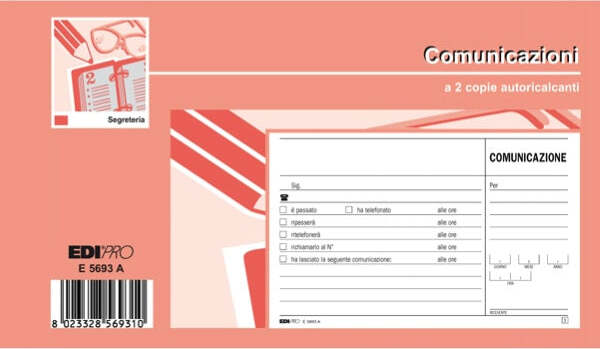 Blocco comunicazioni telefoniche - 50-50 fogli autoricalcanti - 9 9 x 17cm - Edipro Cancelleria e prodotti per ufficio/Archivio ufficio e accessori per scrivania/Modulistica e conservazione registri/Libri e registri contabili Eurocartuccia - Pavullo, Commerciovirtuoso.it