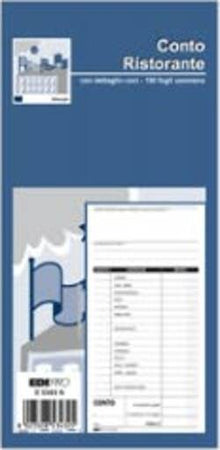 Blocco conto ristorante con dettaglio voci - uso mano - 22 x 10cm - 100 fogli - Edipro Cancelleria e prodotti per ufficio/Archivio ufficio e accessori per scrivania/Modulistica e conservazione registri/Libri e registri contabili Eurocartuccia - Pavullo, Commerciovirtuoso.it