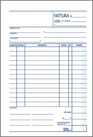 Blocco fattura 1 aliquota - 150 x 225mm - 50 fogli x 2 copie ricalcanti - BM [multipack] 5 pezzi Cancelleria e prodotti per ufficio/Archivio ufficio e accessori per scrivania/Modulistica e conservazione registri/Libri e registri contabili Eurocartuccia - Pavullo, Commerciovirtuoso.it