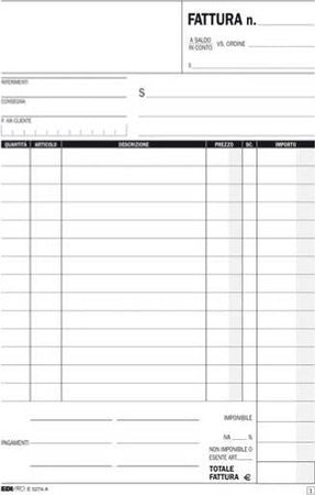 Blocco fatture 1 aliquota Iva - 50-50 fogli autoricalcanti - 23 x 15cm - Edipro Cancelleria e prodotti per ufficio/Archivio ufficio e accessori per scrivania/Modulistica e conservazione registri/Libri e registri contabili Eurocartuccia - Pavullo, Commerciovirtuoso.it