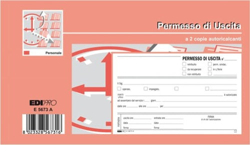 Blocco permesso uscita - 9 9 x 17cm - 50-50 fogli autoricalcanti - Edipro Cancelleria e prodotti per ufficio/Archivio ufficio e accessori per scrivania/Modulistica e conservazione registri/Libri e registri contabili Eurocartuccia - Pavullo, Commerciovirtuoso.it