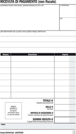 Blocco ricevute BB-affittacamere - 25-25 - copie autoric. - 16 8 x 10 cm - DU16257B250 - Data Ufficio Cancelleria e prodotti per ufficio/Archivio ufficio e accessori per scrivania/Modulistica e conservazione registri/Libri e registri contabili Eurocartuccia - Pavullo, Commerciovirtuoso.it