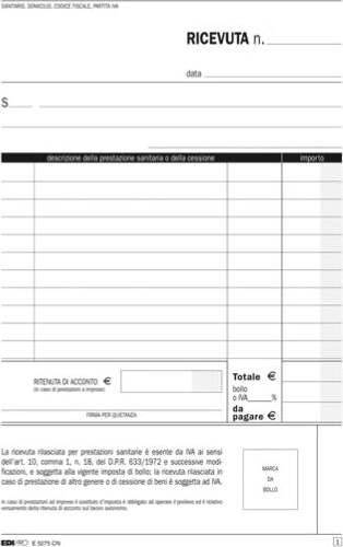 Blocco ricevute sanitarie - 50-50 fogli autoricalcanti - 23 x 15cm - Edipro Cancelleria e prodotti per ufficio/Archivio ufficio e accessori per scrivania/Modulistica e conservazione registri/Libri e registri contabili Eurocartuccia - Pavullo, Commerciovirtuoso.it