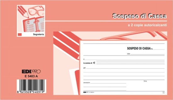Blocco sospeso di cassa - 50 fogli 2 copie autoricalcanti - 10 x 17cm - Edipro Cancelleria e prodotti per ufficio/Archivio ufficio e accessori per scrivania/Modulistica e conservazione registri/Libri e registri contabili Eurocartuccia - Pavullo, Commerciovirtuoso.it