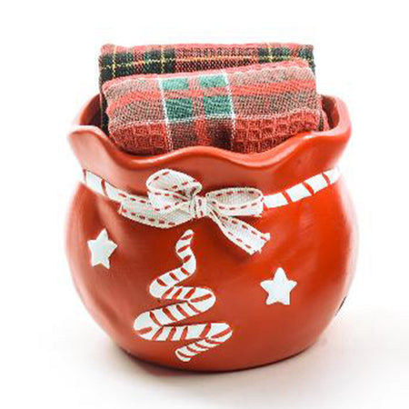 Vasetto in ceramica con 2 canovacci in tessuto per decorazioni natalizie