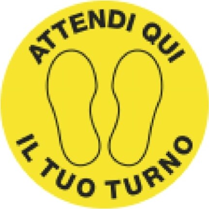 Bollo adesivo da terra - PVC - D 43 5 cm - ''Attendi qui il tuo turno'' - Cartelli Segnalatori Fai da te/Sicurezza e protezione/Attrezzature per sicurezza sul lavoro/Segnaletica antinfortunistica Eurocartuccia - Pavullo, Commerciovirtuoso.it