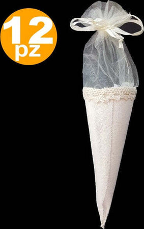 Bomboniera-Coni-Bianco-Avorio-Tessuto-Sacchetto-Porta-Confetti-Riso-Matrimonio