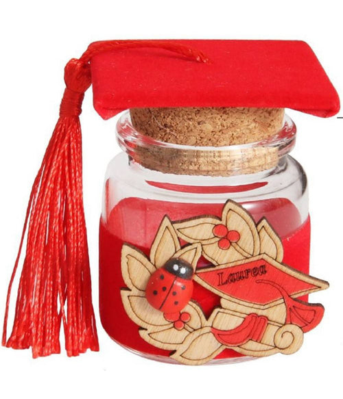 Bomboniera Portaconfetti Per Festa Di Laurea Con Tocco Rosso In Vetro E Sughero