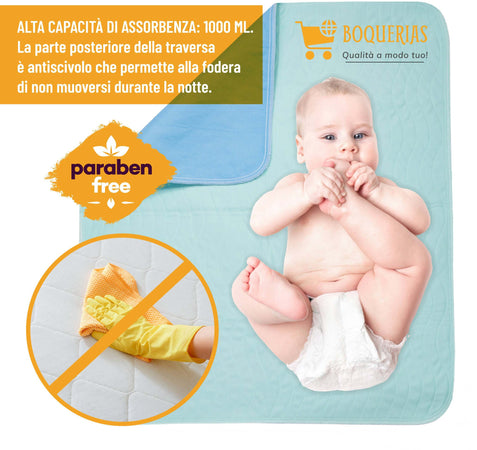 Boquerias 2x Traverse Da Letto Impermeabile Oeko-Tex® 100% Made in Italy Traversa Impermeabile per Bambini Proteggi Culla E Lettino Da Liquidi