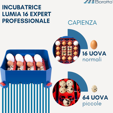 Borotto-Lumia-16-Expert---Incubatrice-per-Uova-Professionale-Brevettata,-Materiale-Termoisolante-con-Antibatterico,-con-Umidificatore-Automatico-Sirio---per-16-Uova-Medio/Grandi-o-64-Uova-Piccole