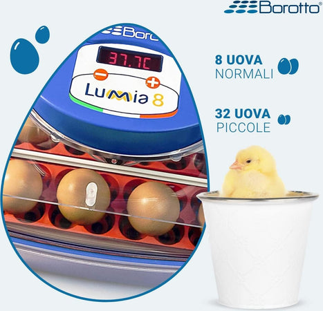 Borotto-Lumia-8-Expert---Incubatrice-per-Uova-Professionale-Brevettata,-Materiale-Termoisolante-con-Antibatterico,-con-Umidificatore-Automatico-Sirio---per-8-Uova-Medio/Grandi-o-32-Uova-Piccole